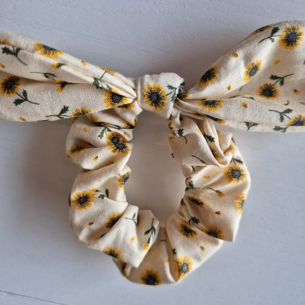 Yellow Sunflower Hair Scrunchie with Attached Bow - Handmade Floral Hair Accesso